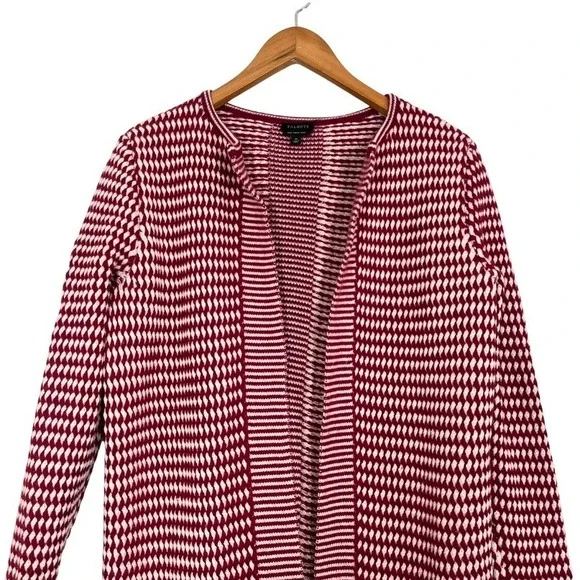 Talbots Pure Merino Wool Red Ivory Textured Knit Open Long Cardigan Classic Chic - Picture 3 of 7